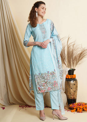 3 Pc Sky Blue Unstitched Silk Suit Set With Dupatta