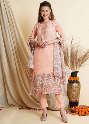 3 Pc Peach Unstitched Silk Suit Set With Dupatta