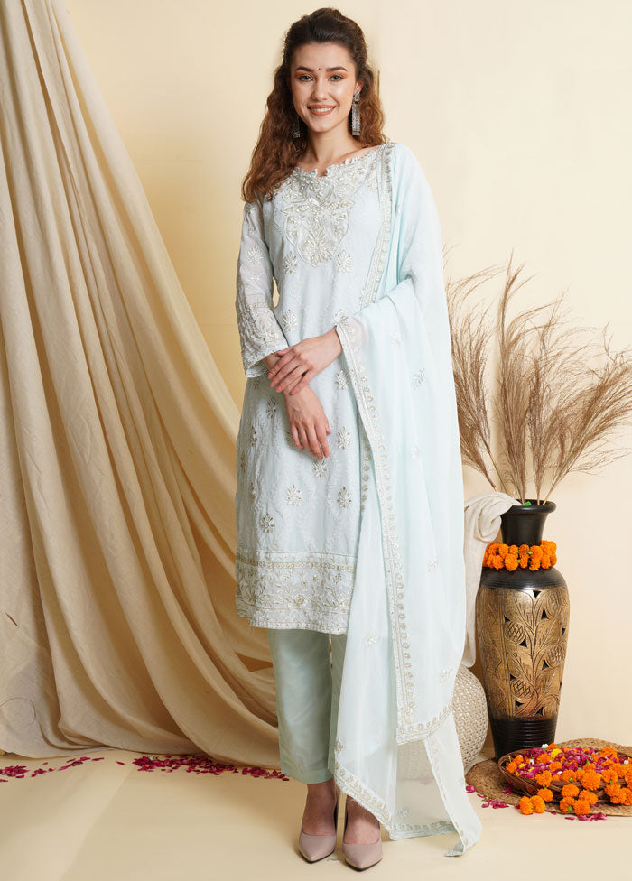 3 Pc Sky Blue Georgette Thread Work Unstitched Suit Set