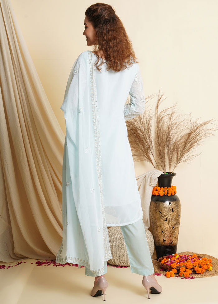 3 Pc Sky Blue Georgette Thread Work Unstitched Suit Set