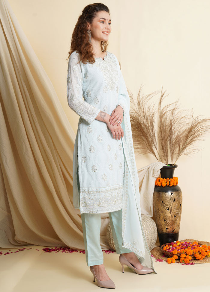 3 Pc Sky Blue Georgette Thread Work Unstitched Suit Set