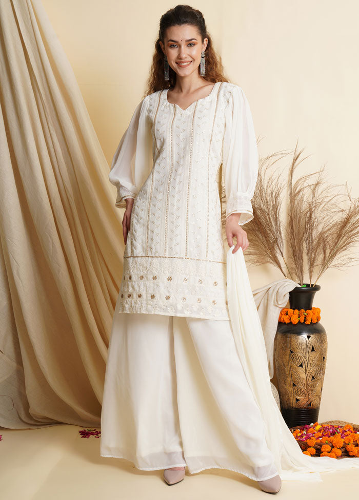 3 Pc Off White Georgette Unstitched Suit Set