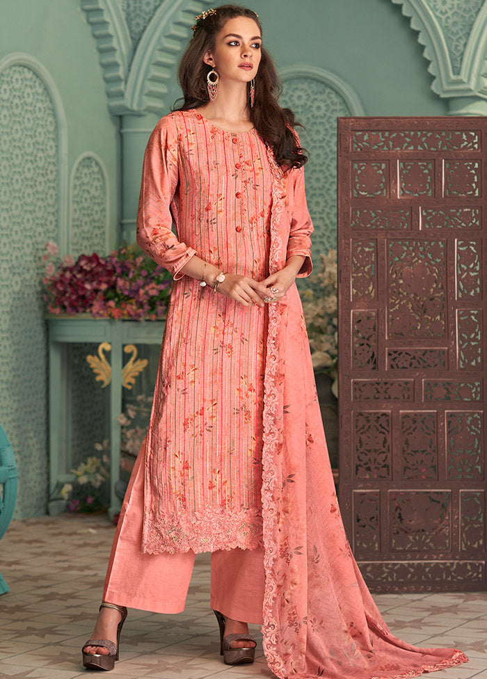 3 Pc Peach Unstitched Silk Suit Set With Dupatta