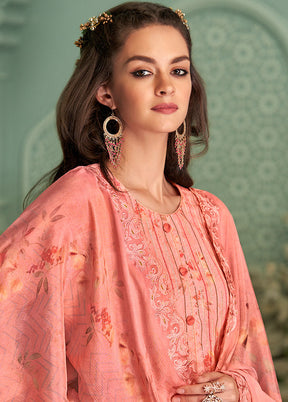 3 Pc Peach Unstitched Silk Suit Set With Dupatta