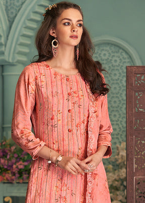 3 Pc Peach Unstitched Silk Suit Set With Dupatta