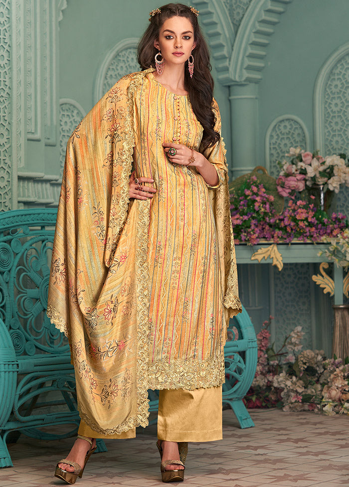 3 Pc Yellow Unstitched Silk Suit Set With Dupatta
