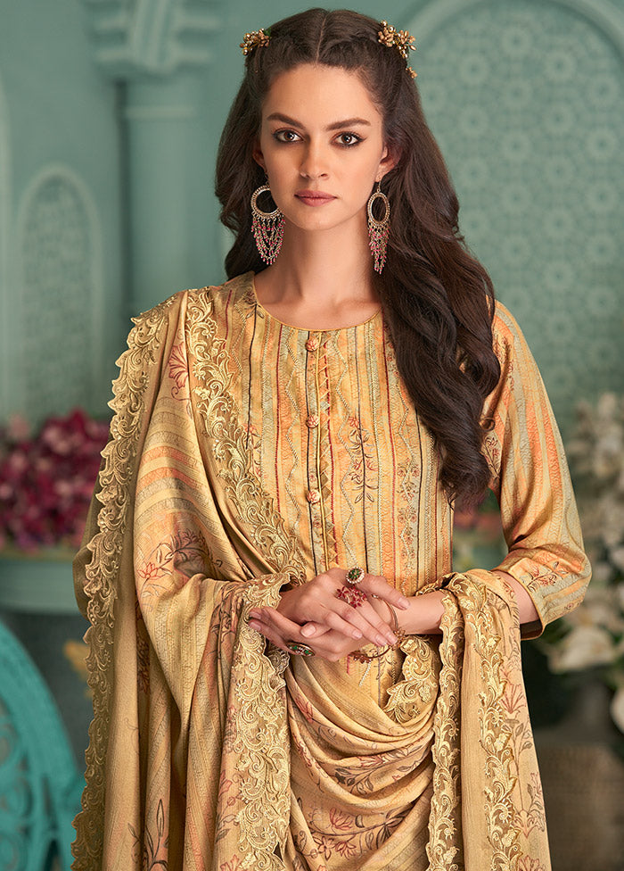 3 Pc Yellow Unstitched Silk Suit Set With Dupatta