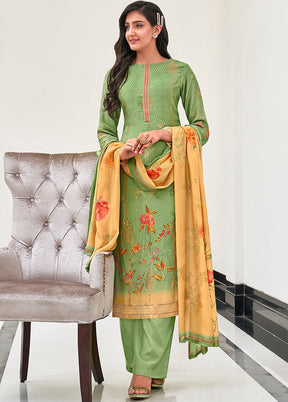 3 Pc Green Unstitched Silk Suit Set With Dupatta