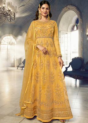 2 Pc Yellow Net Ethnic Dress With Dupatta