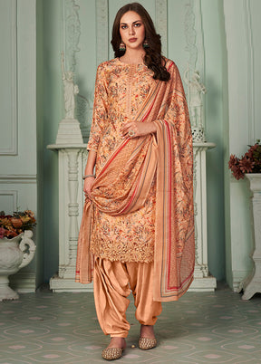 3 Pc Peach Unstitched Suit Set With Dupatta