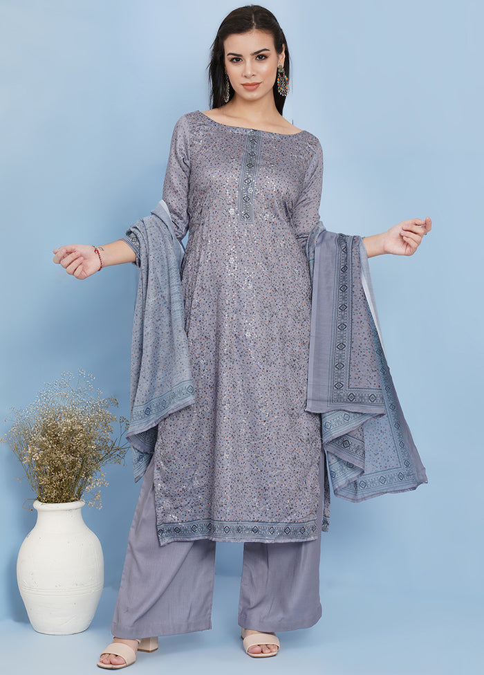 3 Pc Grey Unstitched Suit Set With Dupatta