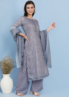 3 Pc Grey Unstitched Suit Set With Dupatta