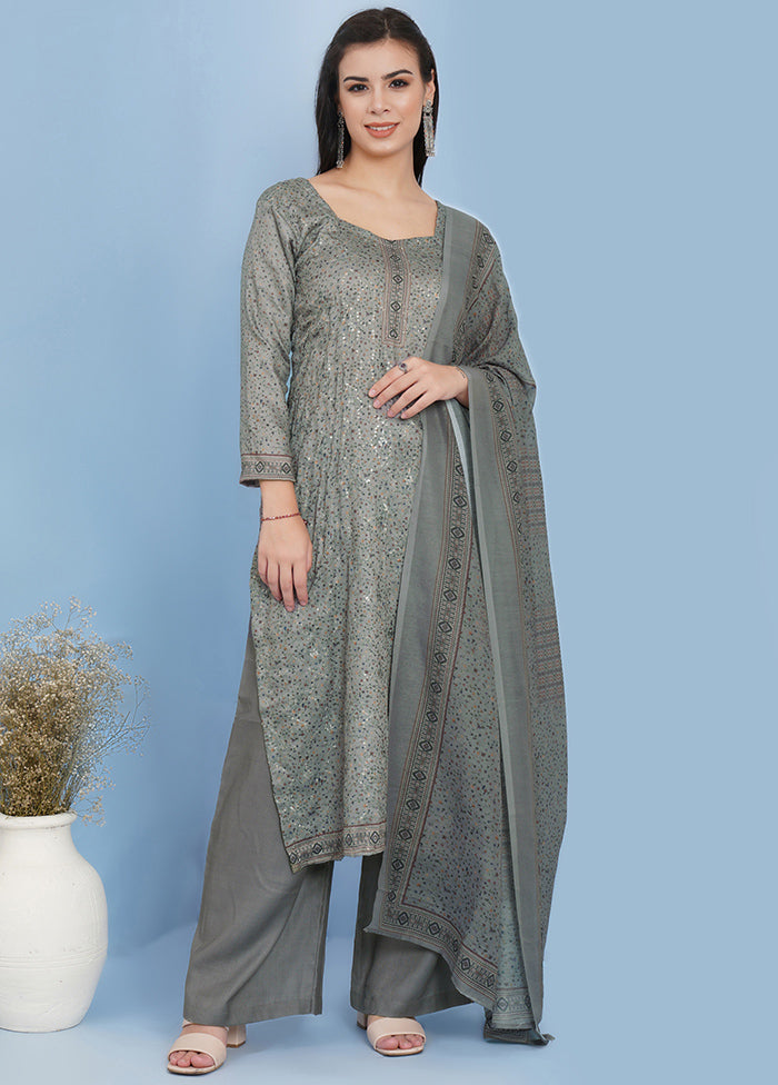 3 Pc Grey Unstitched Suit Set With Dupatta