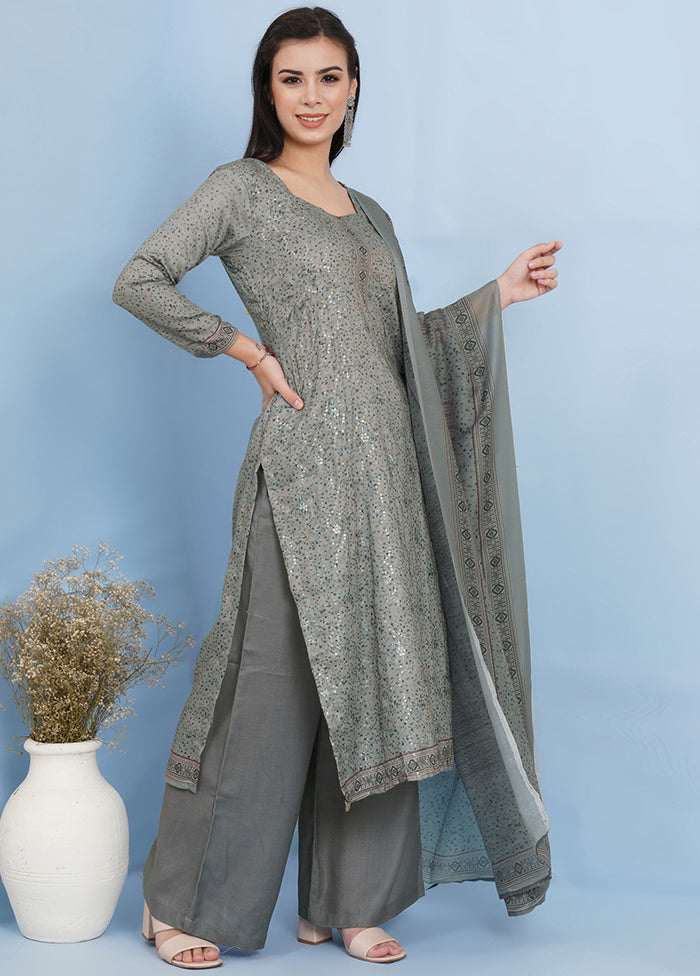 3 Pc Grey Unstitched Suit Set With Dupatta