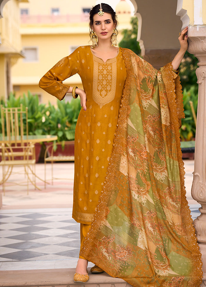 3 Pc Mustard Unstitched Silk Suit Set With Dupatta