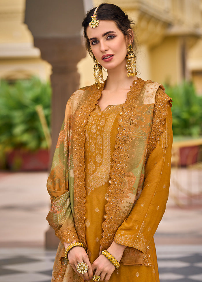 3 Pc Mustard Unstitched Silk Suit Set With Dupatta