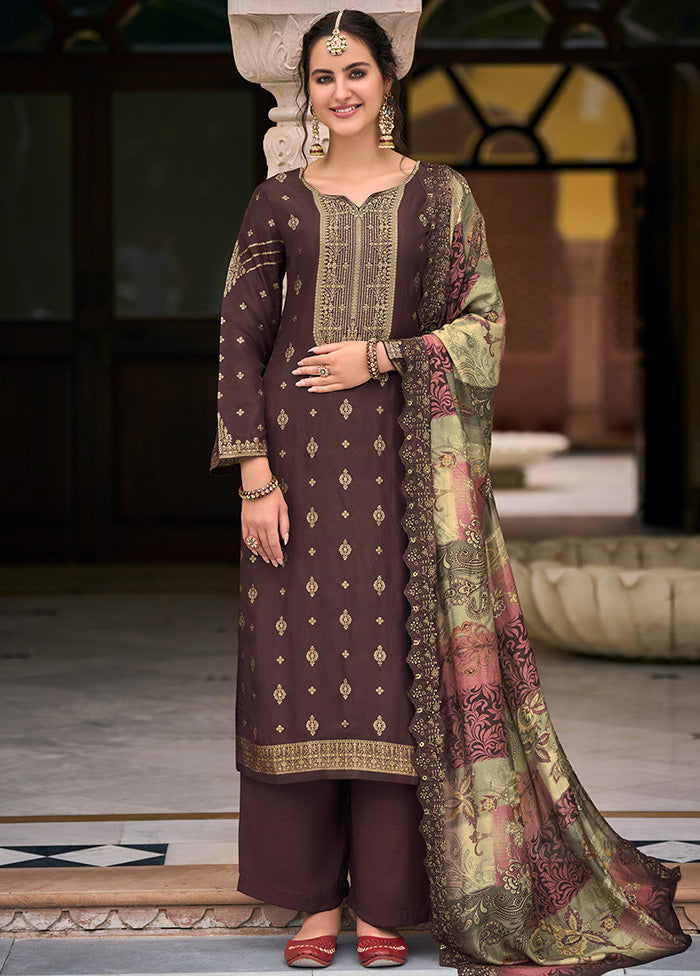 3 Pc Brown Unstitched Silk Suit Set With Dupatta