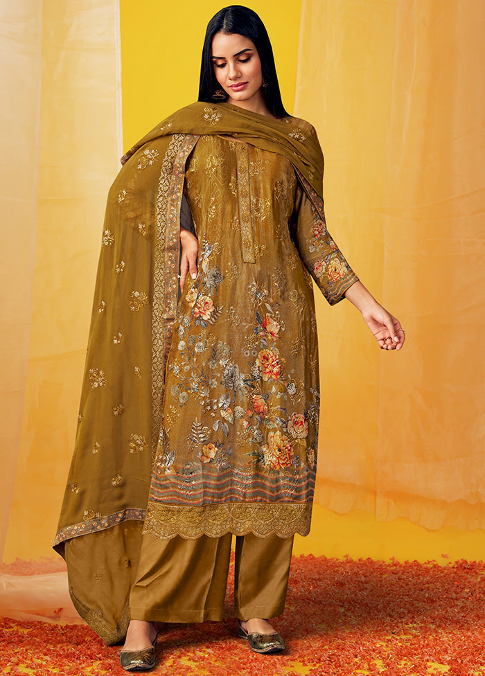 3 Pc Mustard Unstitched Georgette Suit Set With Dupatta