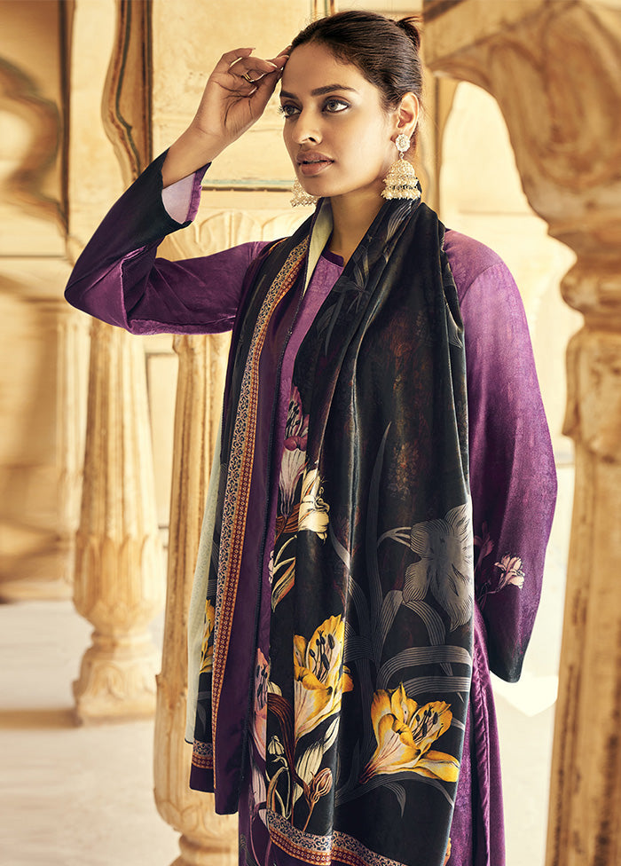 3 Pc Purple Unstitched Velvet Suit Set With Dupatta