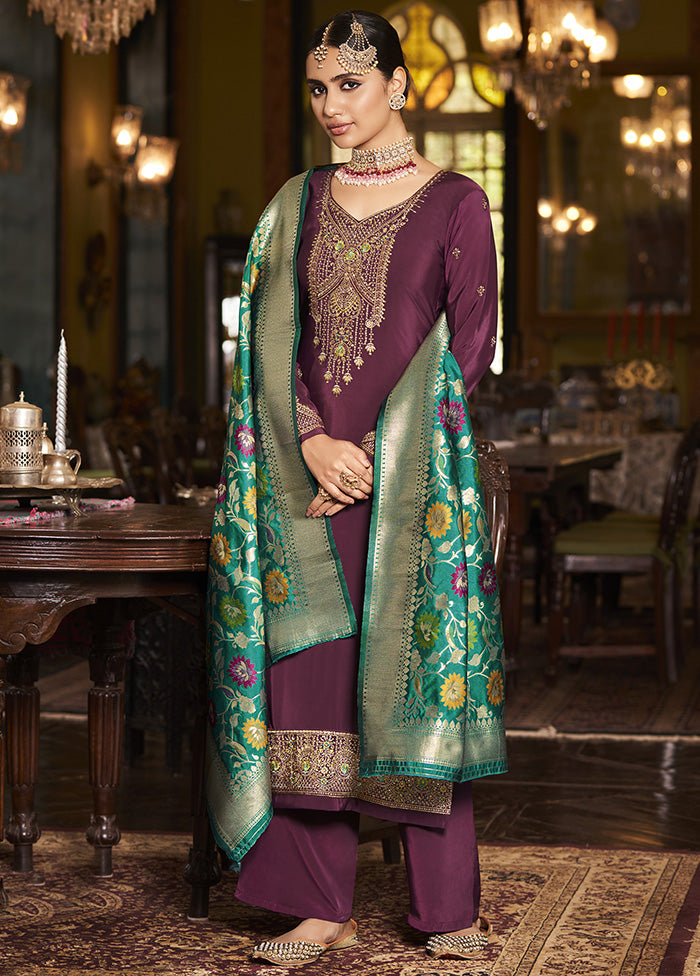 3 Pc Purple Unstitched Silk Suit Set With Dupatta