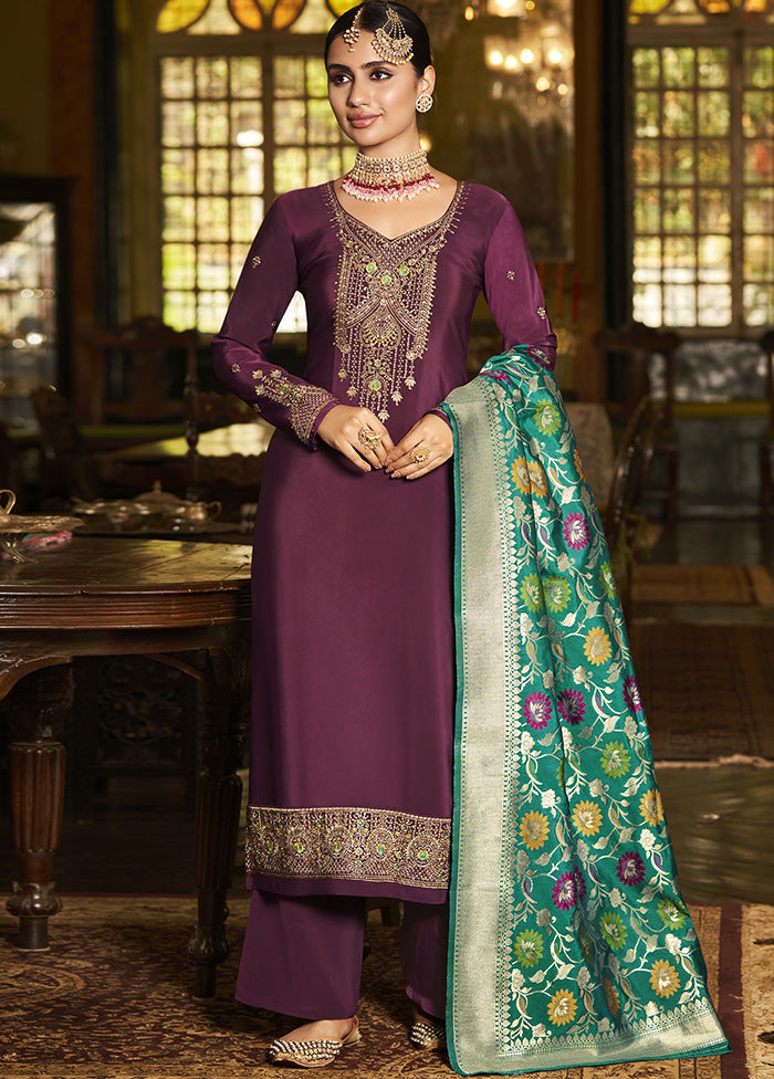 3 Pc Purple Unstitched Silk Suit Set With Dupatta