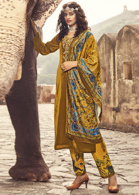 Mustard Unstitched Velvet Zardosi Suit Set With Dupatta