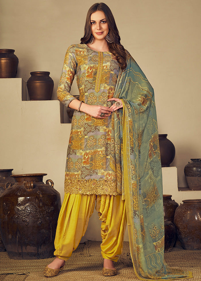 3 Pc Multicolor Unstitched Silk Suit Set With Dupatta