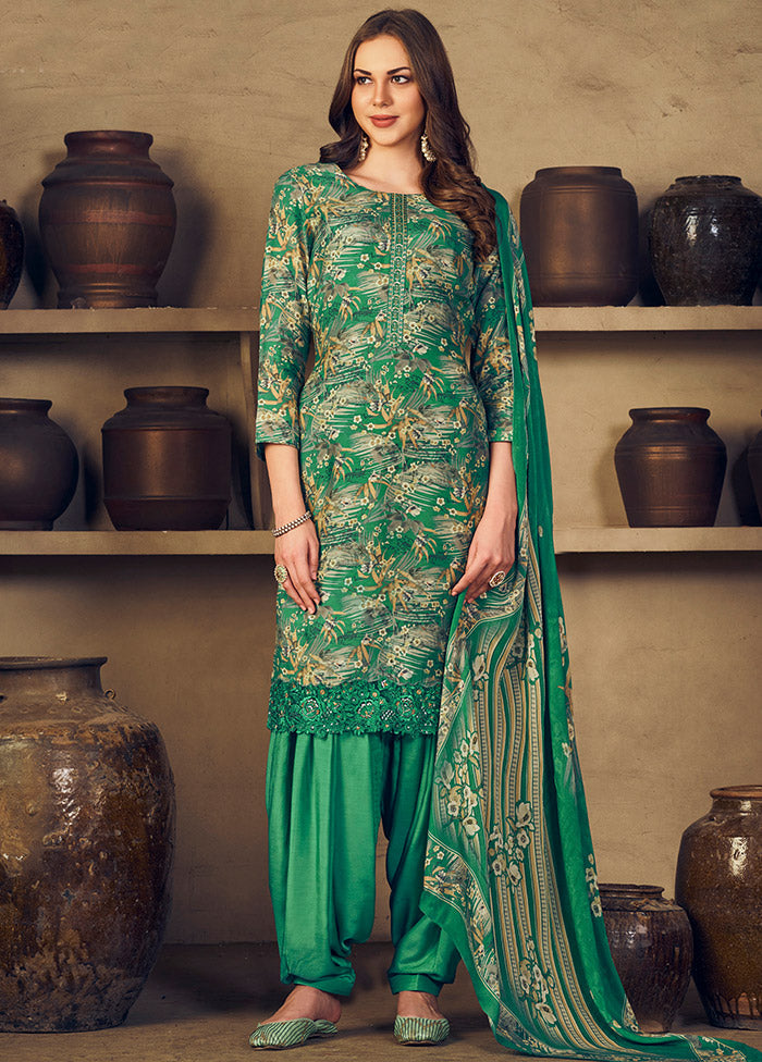 3 Pc Green Unstitched Silk Suit Set With Dupatta