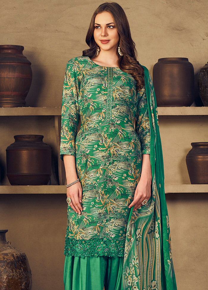 3 Pc Green Unstitched Silk Suit Set With Dupatta