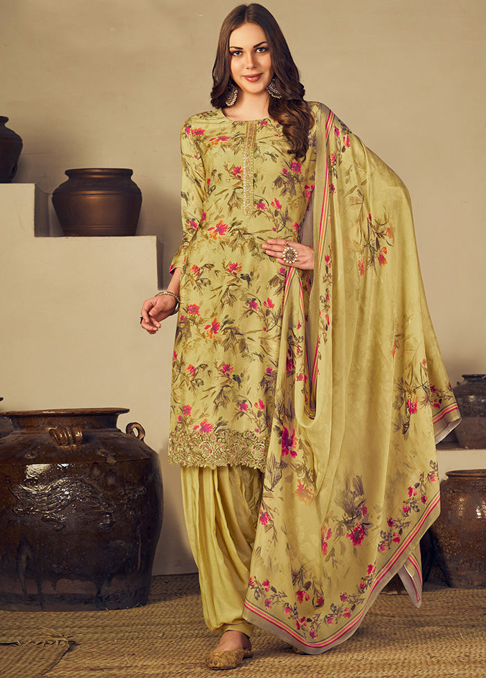 3 Pc Yellow Unstitched Silk Suit Set With Dupatta