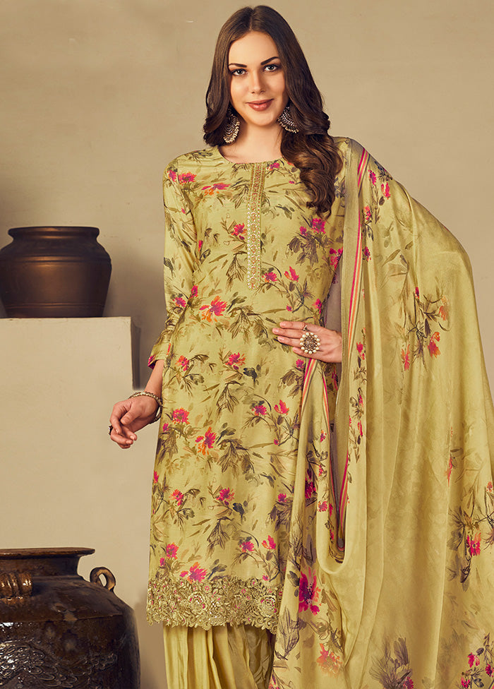 3 Pc Yellow Unstitched Silk Suit Set With Dupatta