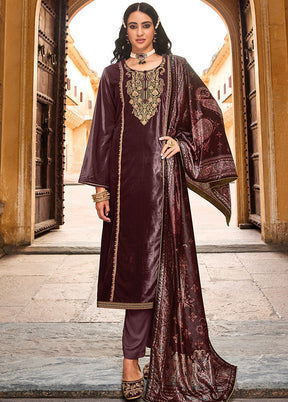 3 Pc Maroon Unstitched Velvet Suit Set With Dupatta