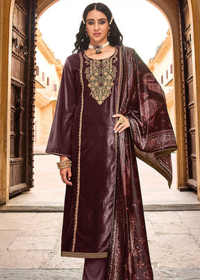 3 Pc Maroon Unstitched Velvet Suit Set With Dupatta