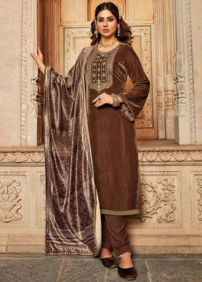 3 Pc Brown Unstitched Velvet Suit Set With Dupatta