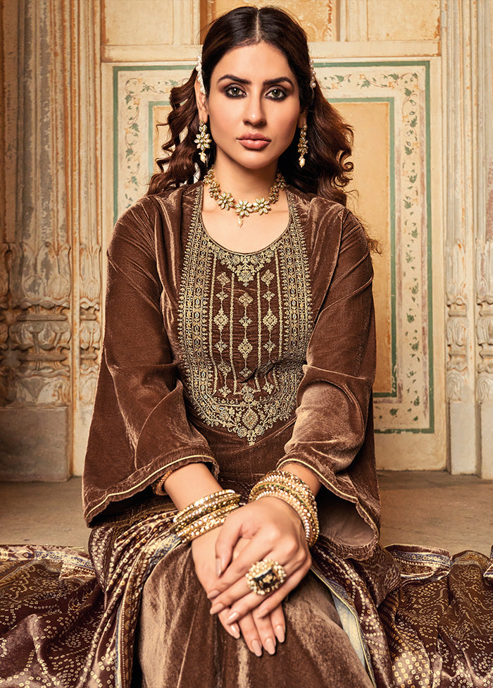 3 Pc Brown Unstitched Velvet Suit Set With Dupatta