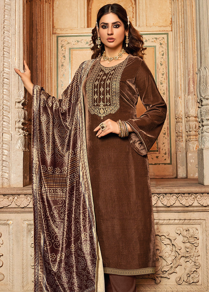 3 Pc Brown Unstitched Velvet Suit Set With Dupatta