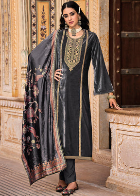 3 Pc Grey Unstitched Velvet Suit Set With Dupatta