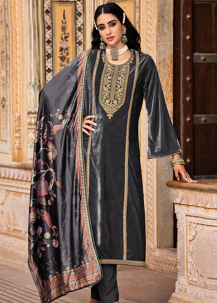 3 Pc Grey Unstitched Velvet Suit Set With Dupatta