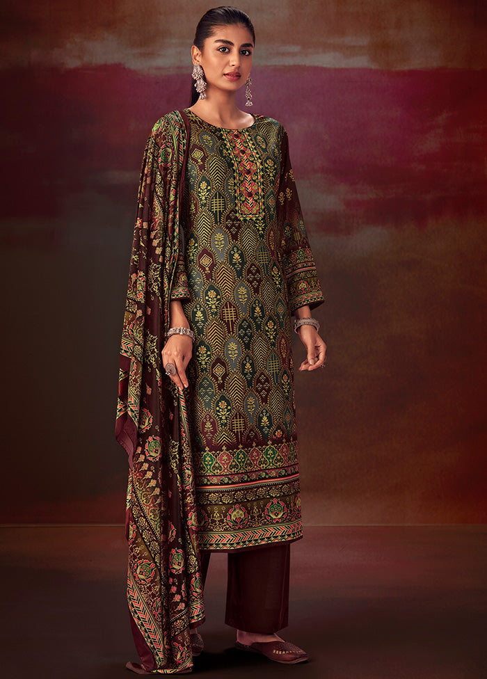 3 Pc Multicolor Unstitched Silk Suit Set With Dupatta