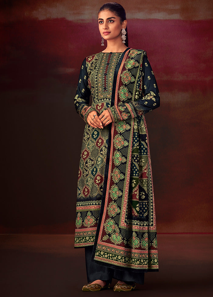 3 Pc Green Unstitched Silk Suit Set With Dupatta