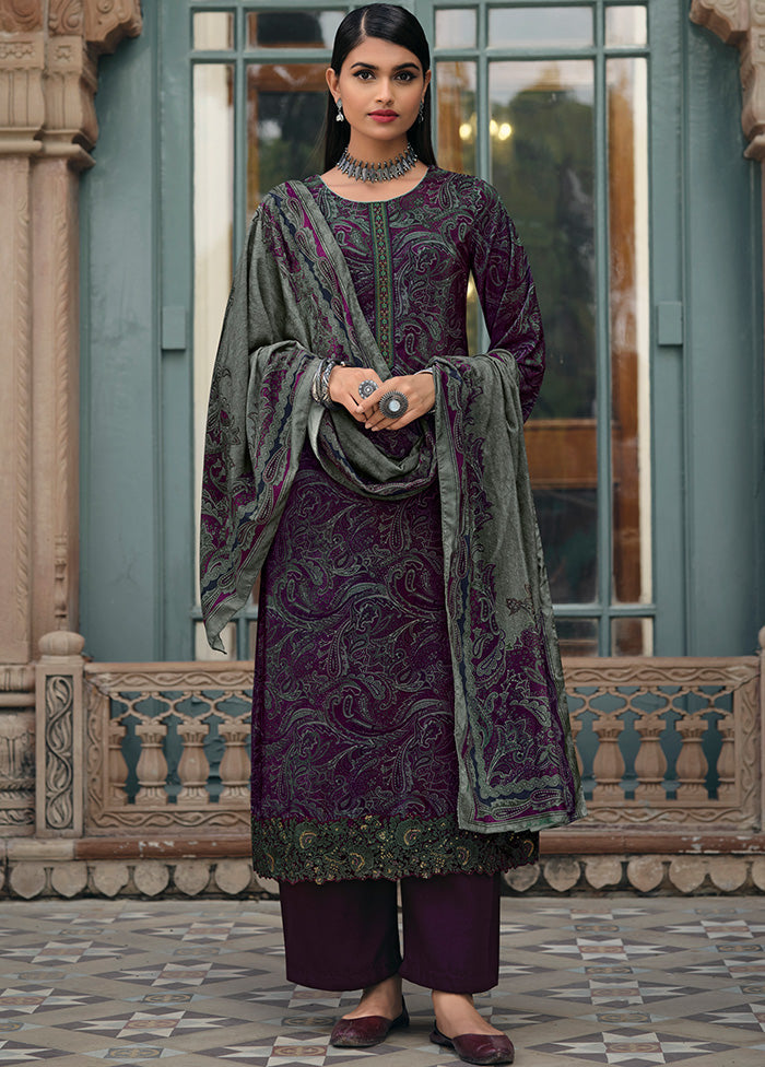 3 Pc Purple Unstitched Silk Suit Set With Dupatta