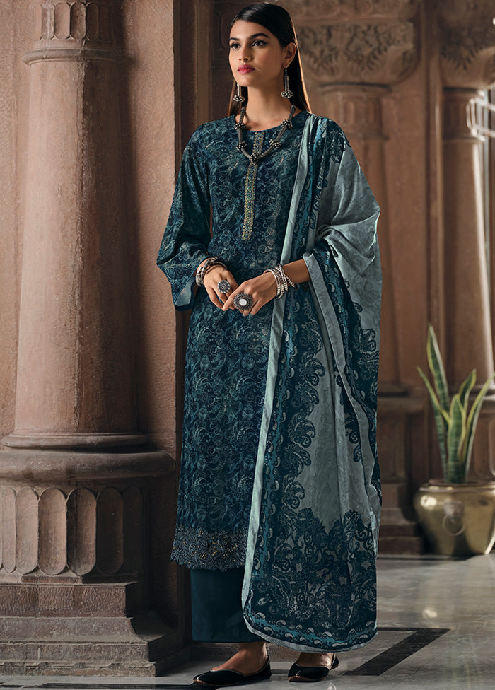 3 Pc Blue Unstitched Silk Suit Set With Dupatta