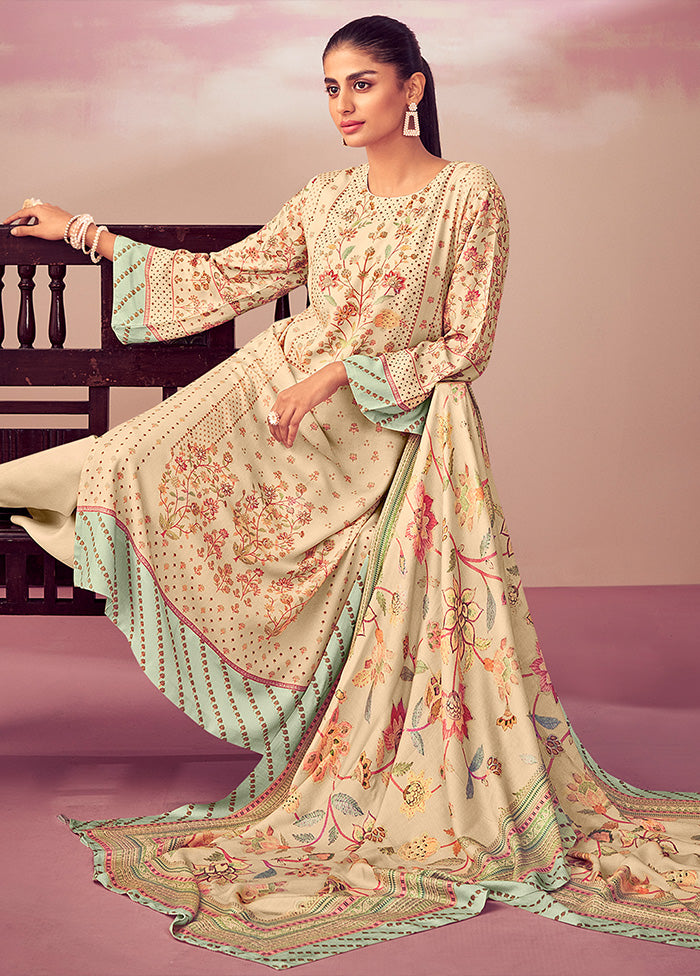 3 Pc Beige Unstitched Silk Suit Set With Dupatta