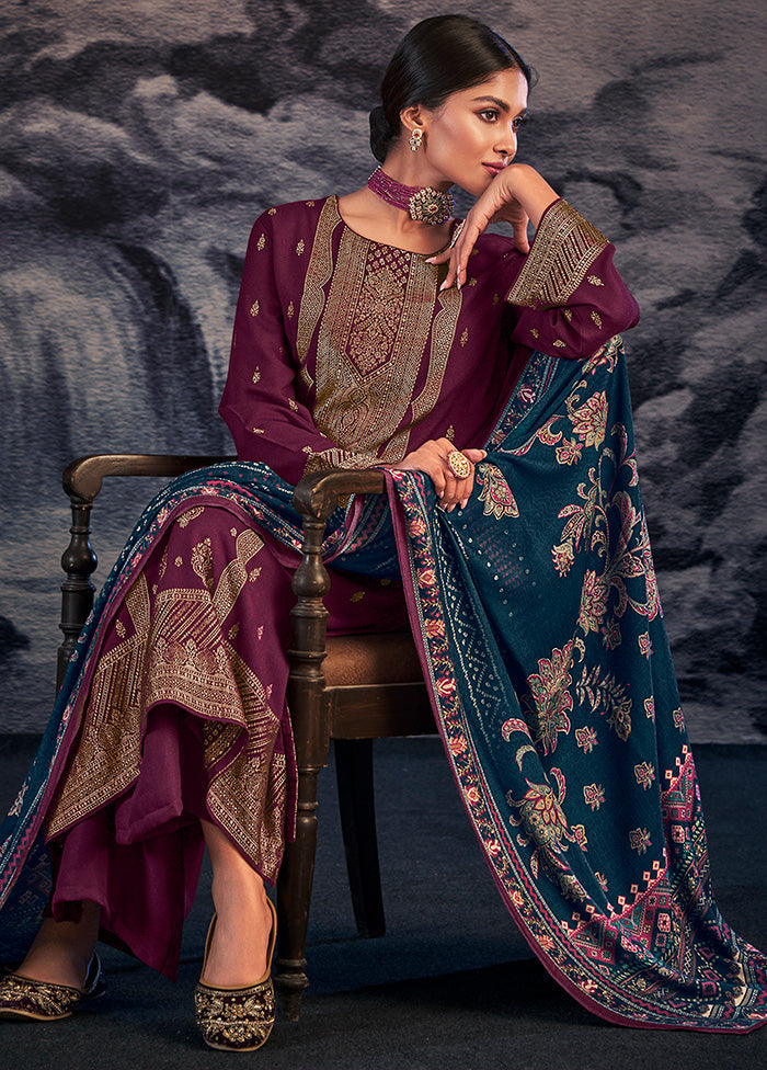 3 Pc Wine Unstitched Silk Suit Set With Dupatta