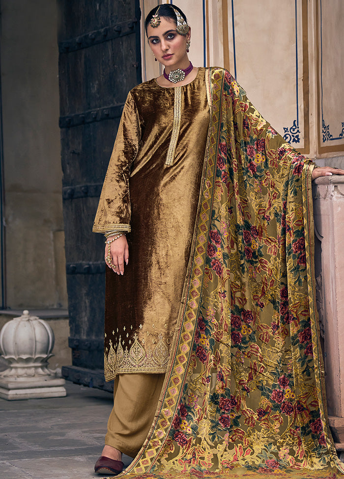 3 Pc Gold Unstitched Velvet Suit Set With Dupatta