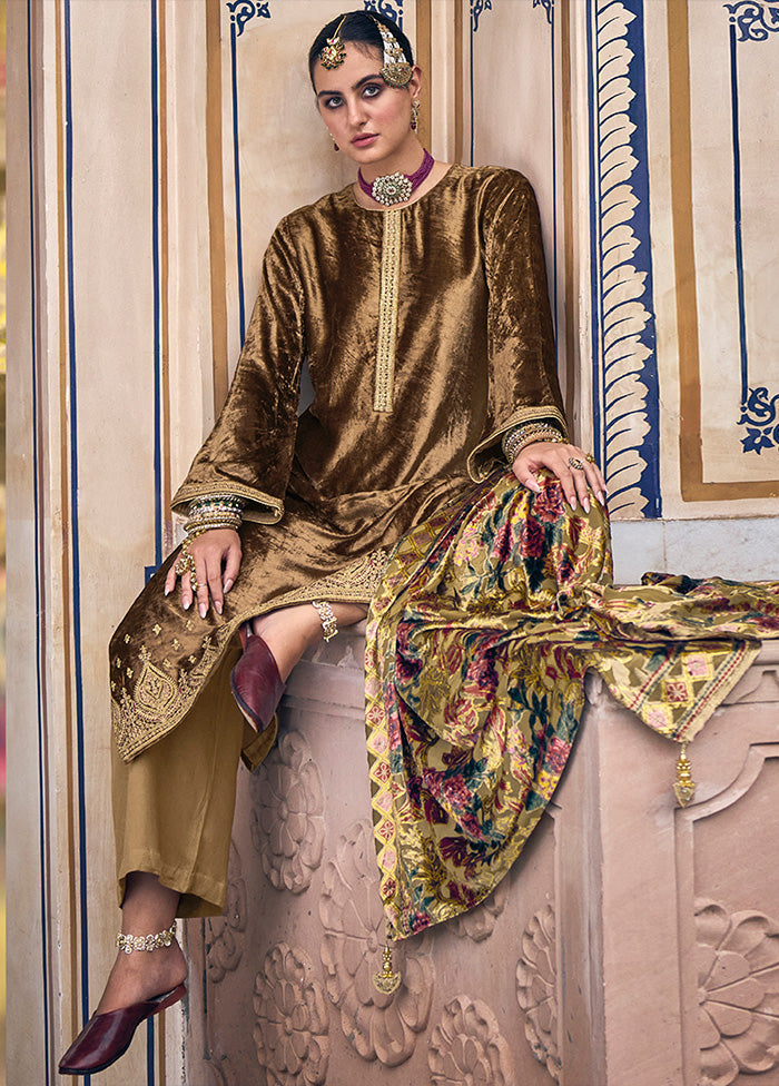 3 Pc Gold Unstitched Velvet Suit Set With Dupatta