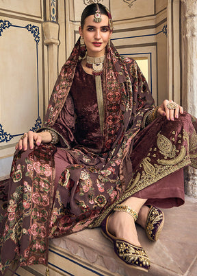 3 Pc Brown Unstitched Velvet Suit Set With Dupatta