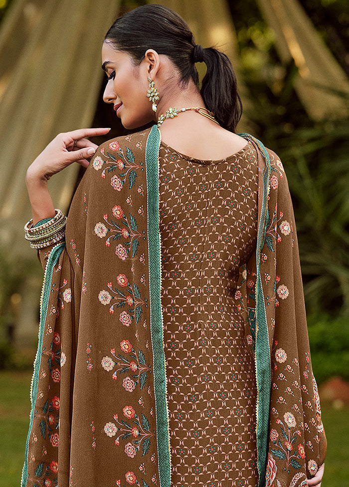 3 Pc Brown Unstitched Suit Set With Dupatta