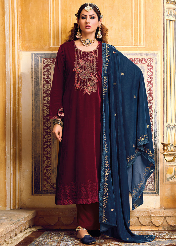 3 Pc Maroon Unstitched Velvet Suit Set