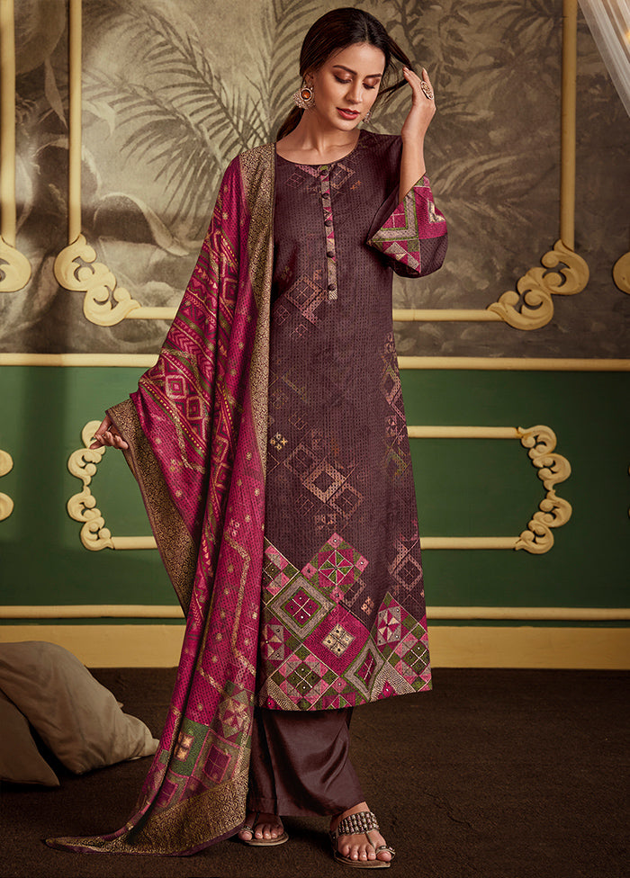 3 Pc Brown Unstitched Silk Suit Set